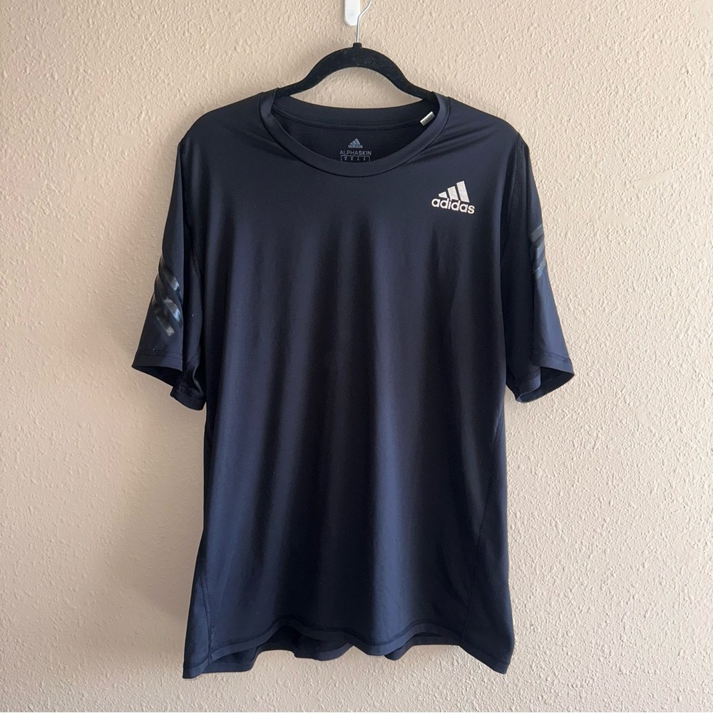 Adidas Alphaskin Men’s Active Short Sleeve Shirt Black Charcoal Stripes Size XL